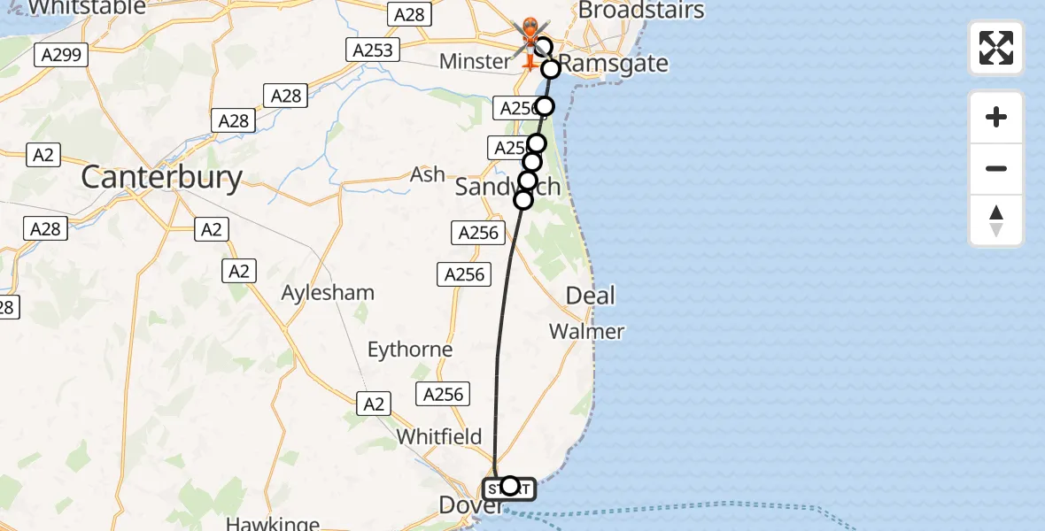 Flight path map showing Coastguard Helicopter route from Langdon Battery Heliport to Manston Airport