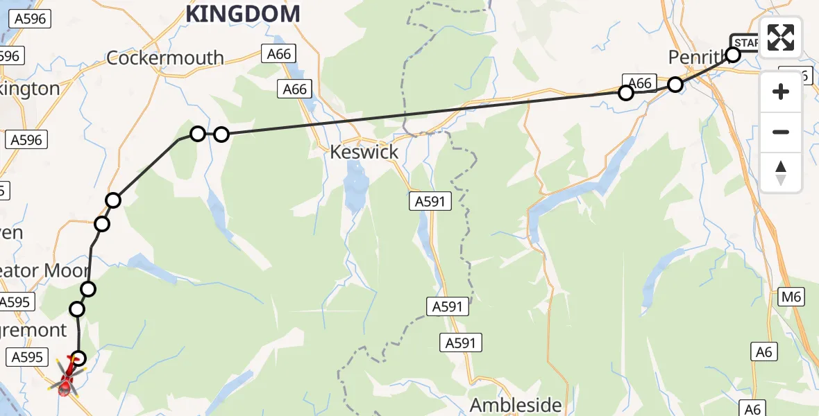 Flight path map showing Air Ambulance Helicopter route from Edenhall to Haile