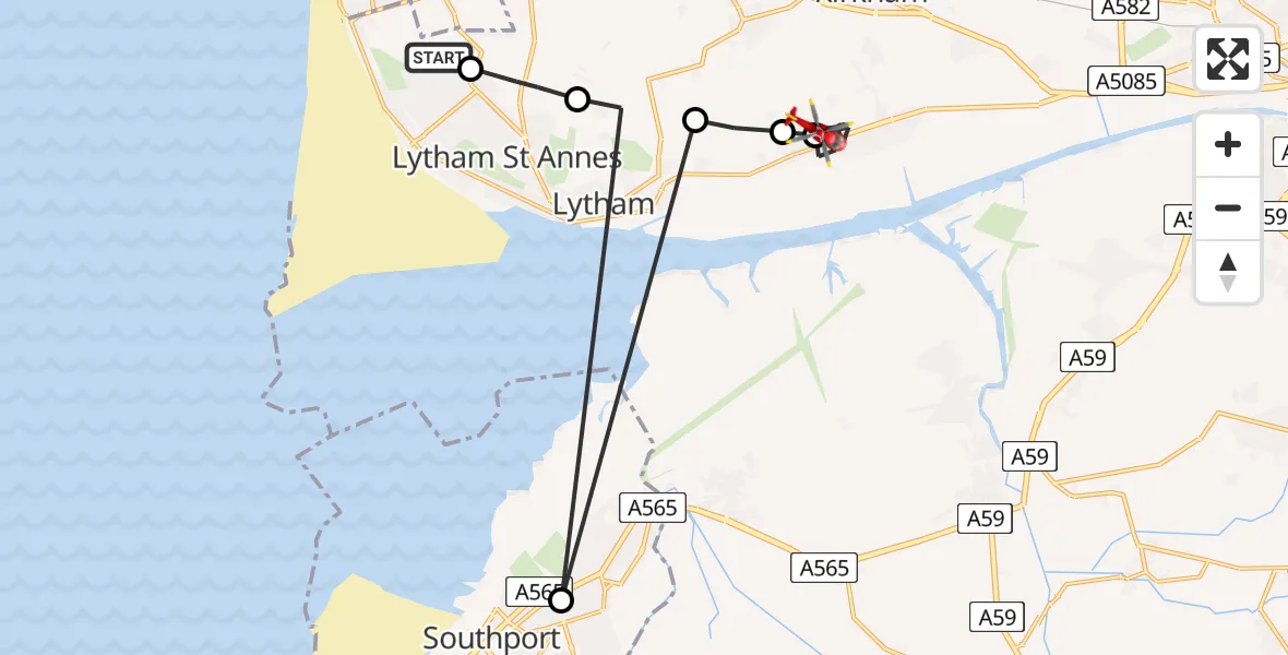 Flight path map showing Air Ambulance Helicopter route from Blackpool Airport to Warton Aerodrome