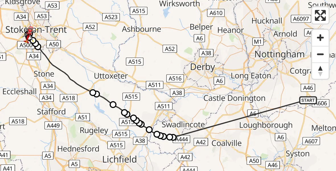 Flight path map showing Air Ambulance Helicopter route from Nottingham Heliport to University Hospital North Staffs