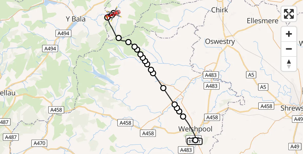 Flight path map showing Air Ambulance Helicopter route from Welshpool Airport to Llandderfel