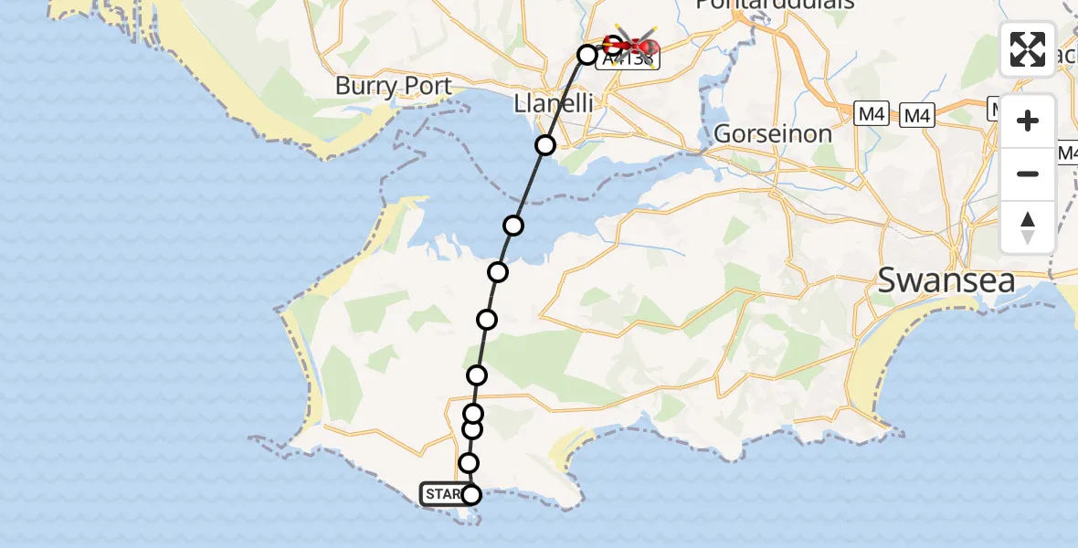 Flight path map showing Air Ambulance Helicopter route from Overton to Dafen