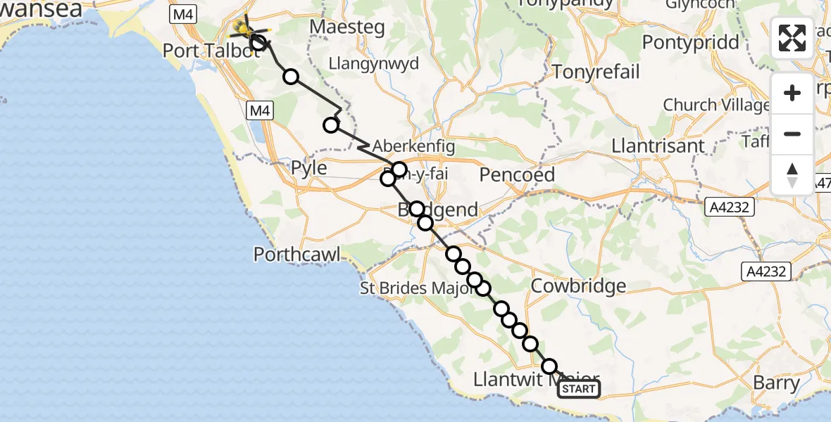 Flight path map showing Police Helicopter route from MOD St Athan to Bryn