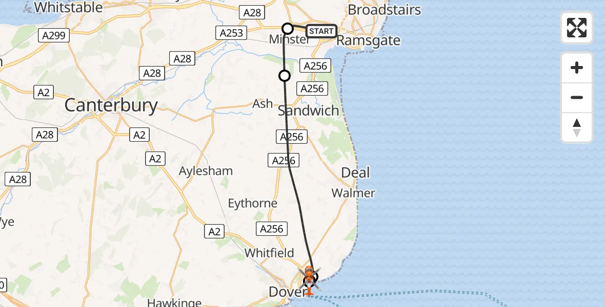 Flight path map showing Coastguard Helicopter route from Manston Airport to Langdon Battery Heliport