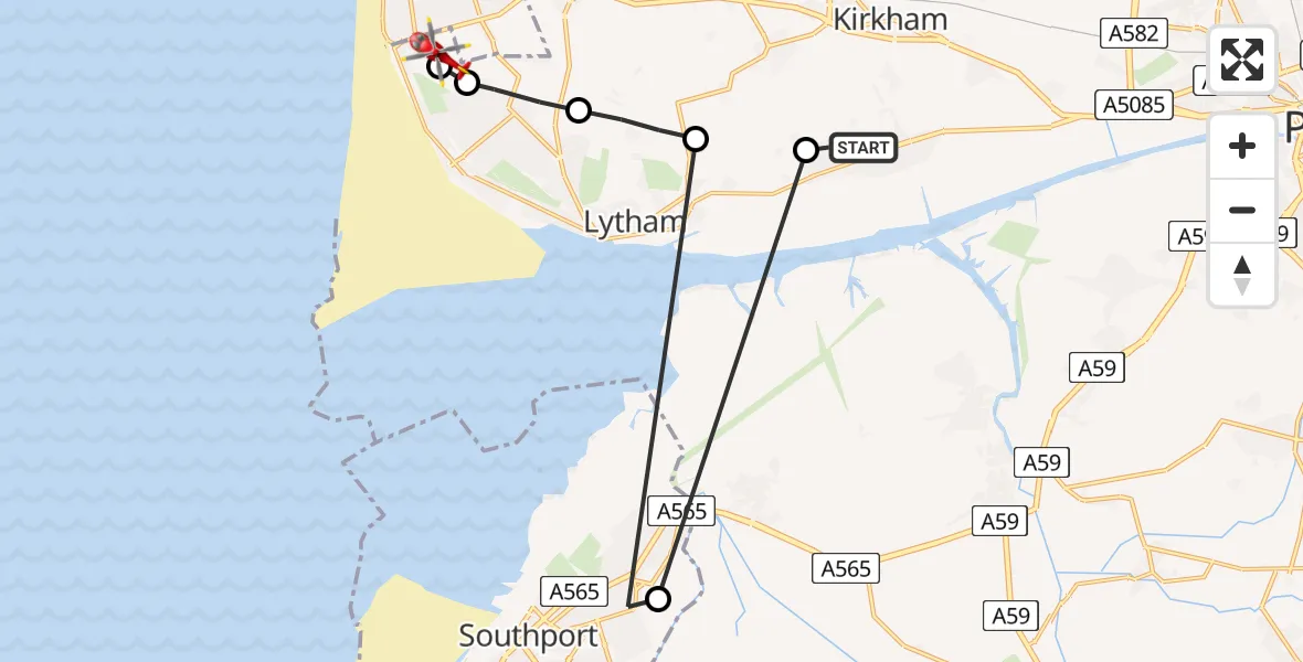 Flight path map showing Air Ambulance Helicopter route from Warton Aerodrome to Blackpool Airport