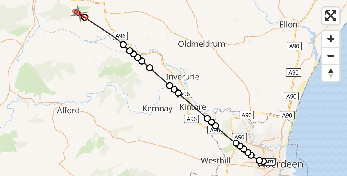 Flight path map showing Air Ambulance Helicopter route from Aberdeen Royal Infirmary Helistrip to Clinkstone