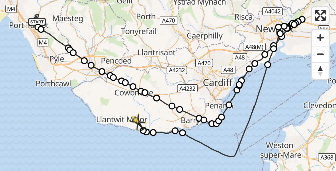 Flight path map showing Police Helicopter route from Cwmavon to MOD St Athan