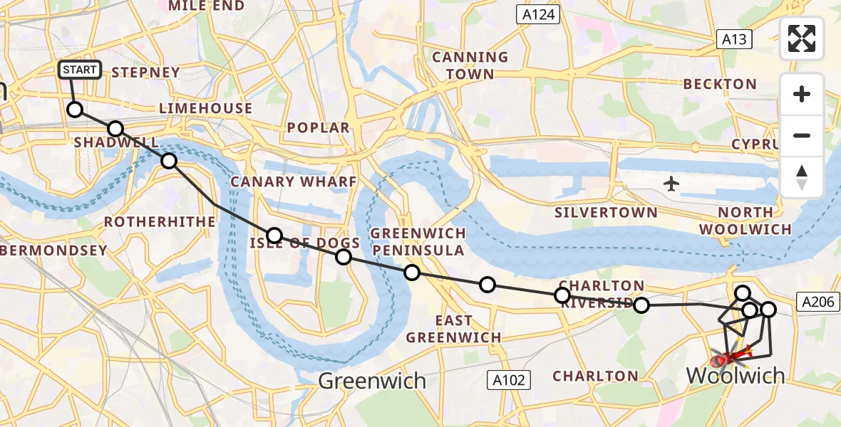 Flight path map showing Air Ambulance Helicopter route from Royal London Hospital to Greenwich