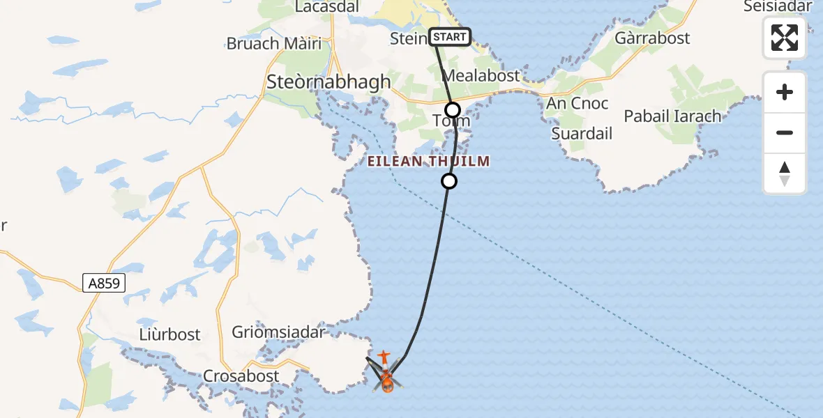 Flight path map showing Coastguard Helicopter route from Stornoway Airport to Inner Seas