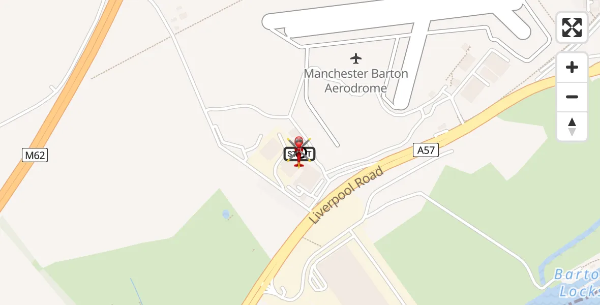 Flight path map showing Air Ambulance Helicopter route from Manchester Barton Aerodrome to Irlam