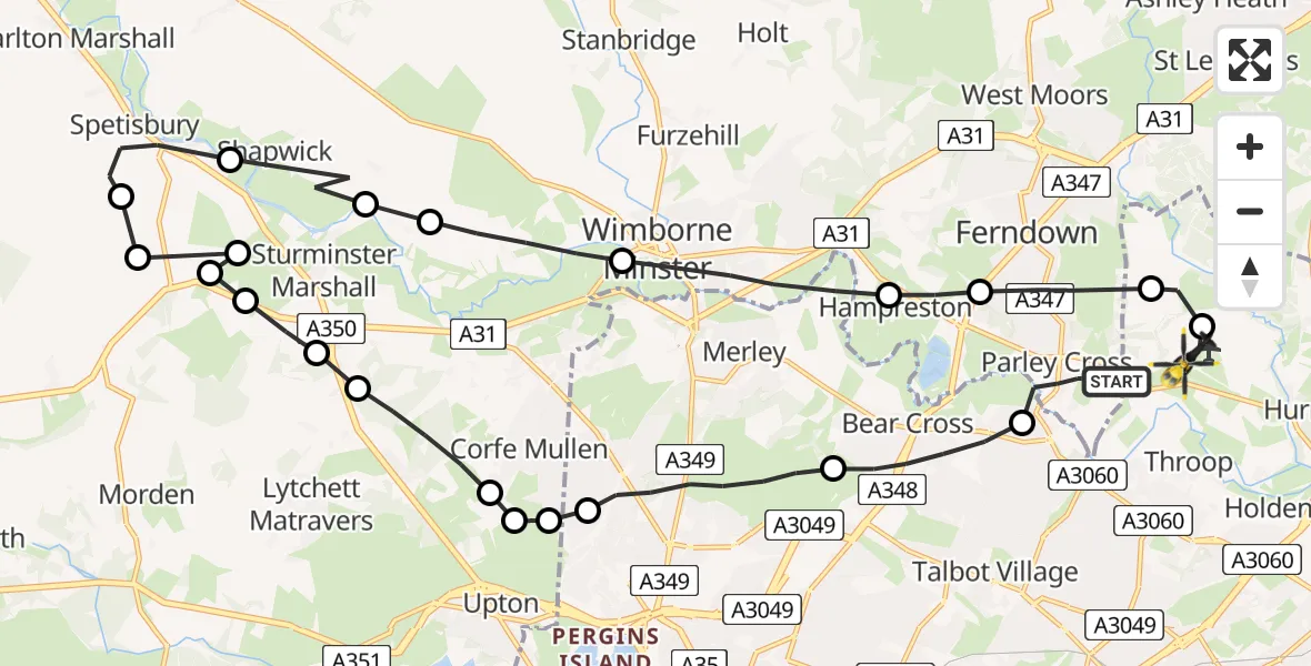 Flight path map showing Police Helicopter route from Parley Cross to Bournemouth Airport
