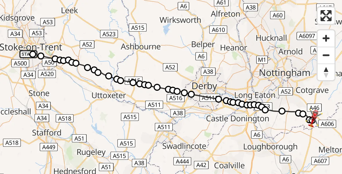 Flight path map showing Air Ambulance Helicopter route from Stoke to Nottingham Heliport