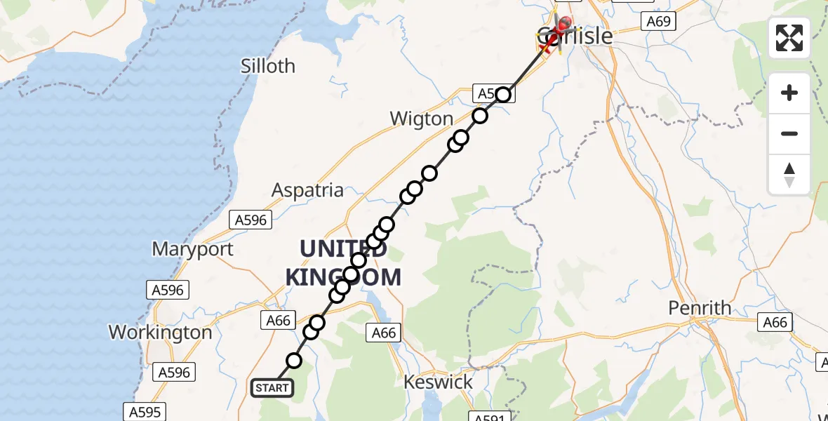 Flight path map showing Air Ambulance Helicopter route from Loweswater to Carlisle