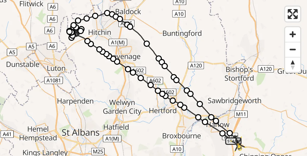 Flight path map showing Police Helicopter route from North Weald Bassett to North Weald Bassett