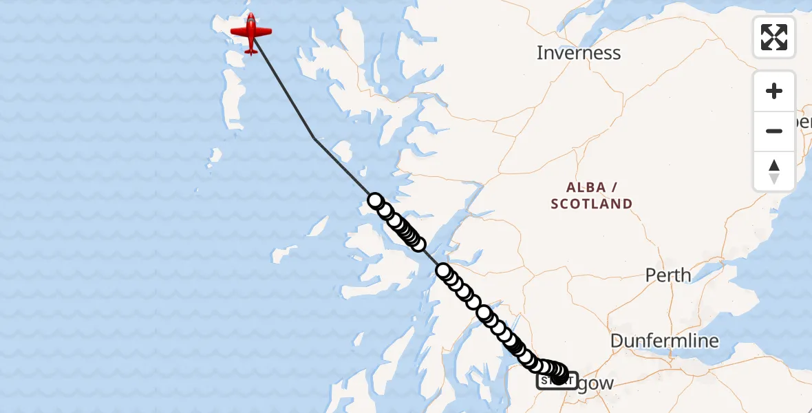 Flight path map showing Air Ambulance Aircraft route from Glasgow Airport to Loch nam Madadh