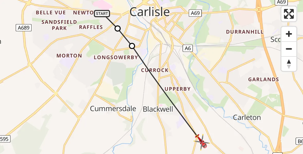 Flight path map showing Air Ambulance Helicopter route from Carlisle General to Blackwell