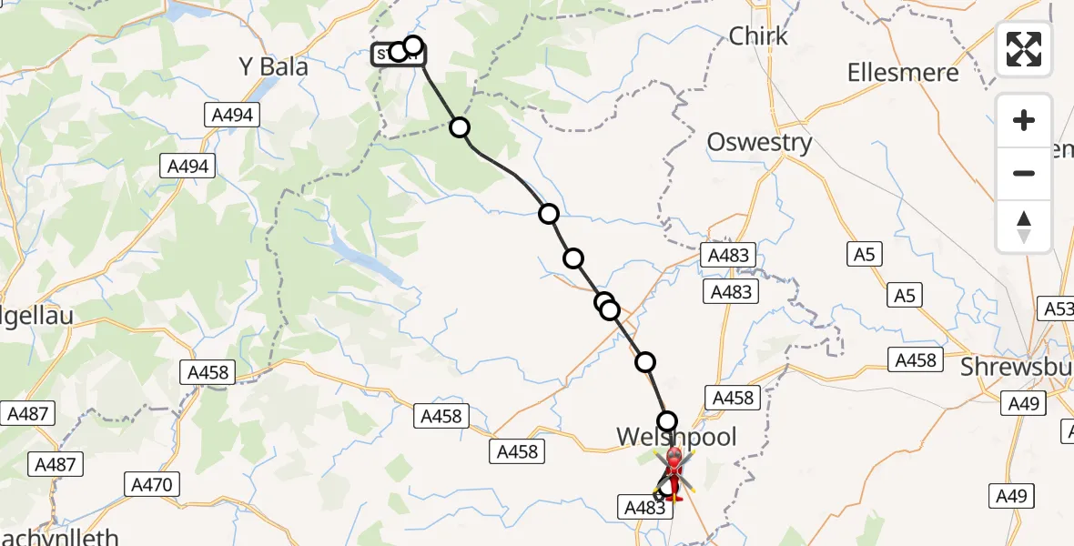 Flight path map showing Air Ambulance Helicopter route from Llandderfel to Welshpool Airport