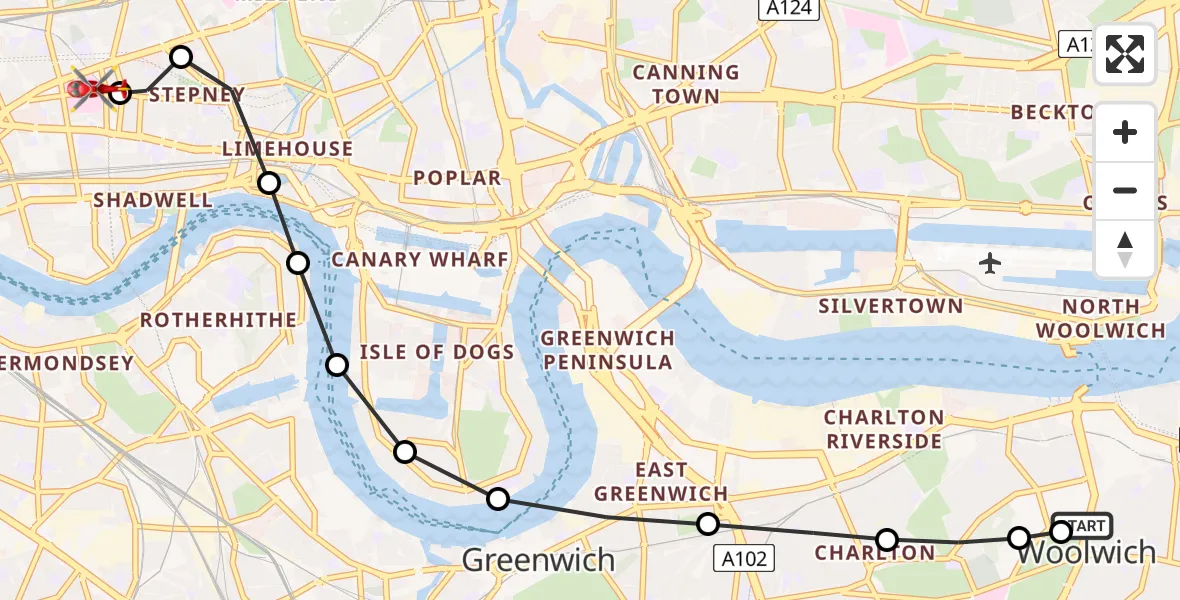 Flight path map showing Air Ambulance Helicopter route from Greenwich to Royal London Hospital