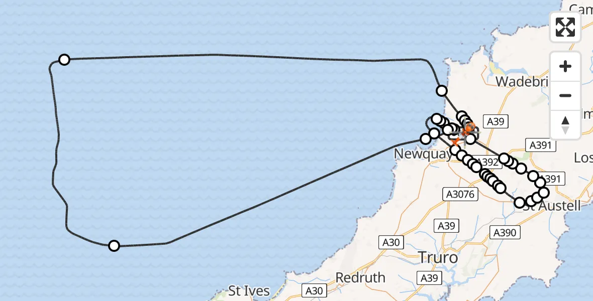 Flight route Coastguard Helicopter Cornwall Airport Newquay - Cornwall Airport Newquay, 03 May 2026, 19:27