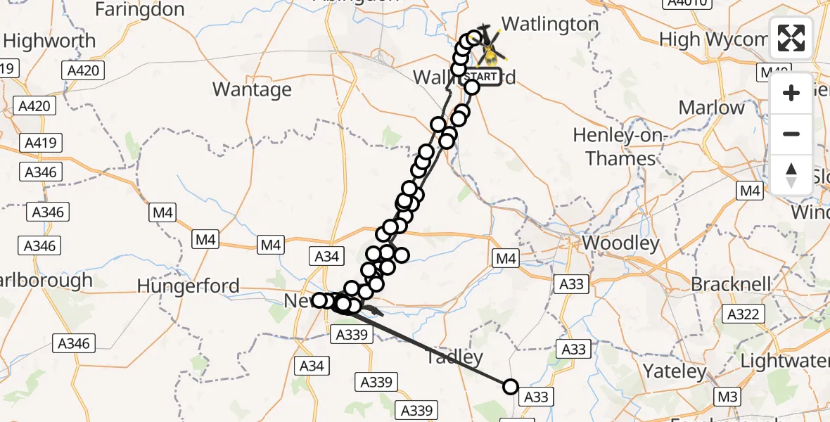 Flight path map showing Police Helicopter route from Crowmarsh Gifford to Benson