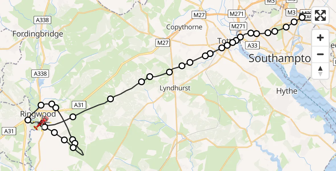 Flight path map showing Air Ambulance Helicopter route from Southampton Airport to Ringwood