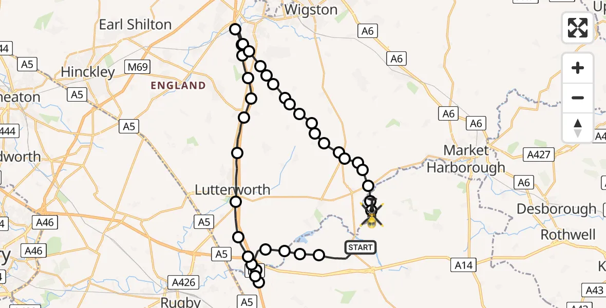 Flight path map showing Police Helicopter route from Welford to Husbands Bosworth Airfield