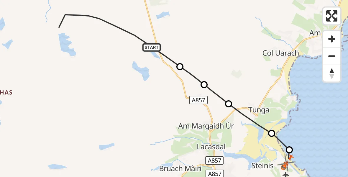 Flight path map showing Coastguard Helicopter route from Na h-Eileanan Siar to Mealabost