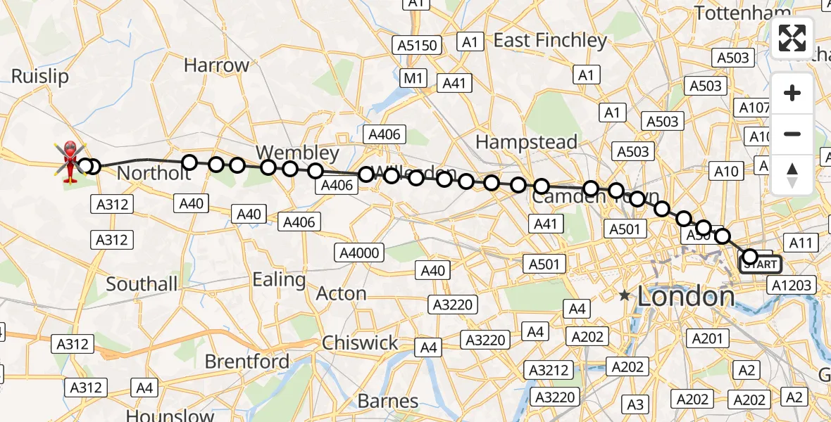 Flight path map showing Air Ambulance Helicopter route from Royal London Hospital to RAF Northolt