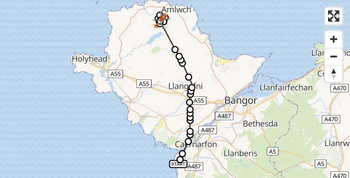 Flight path map showing Coastguard Helicopter route from Caernarfon Airport to Rhosybol