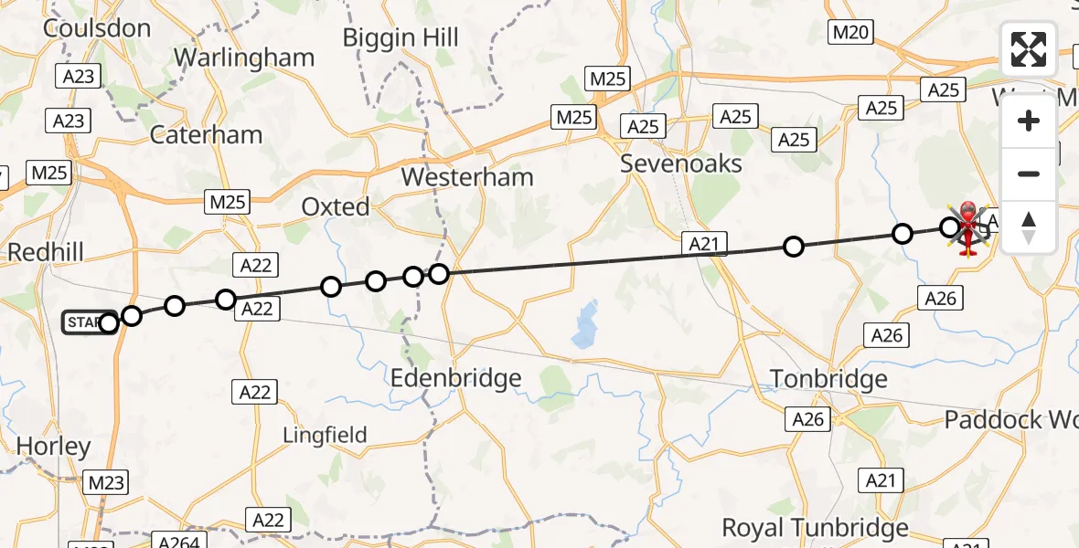 Flight path map showing Air Ambulance Helicopter route from Redhill Aerodrome to West Peckham