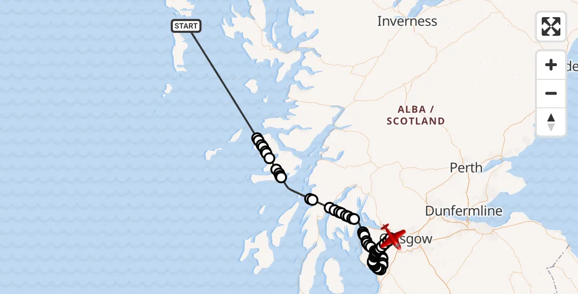 Flight path map showing Air Ambulance Aircraft route from Inner Seas to Glasgow Airport