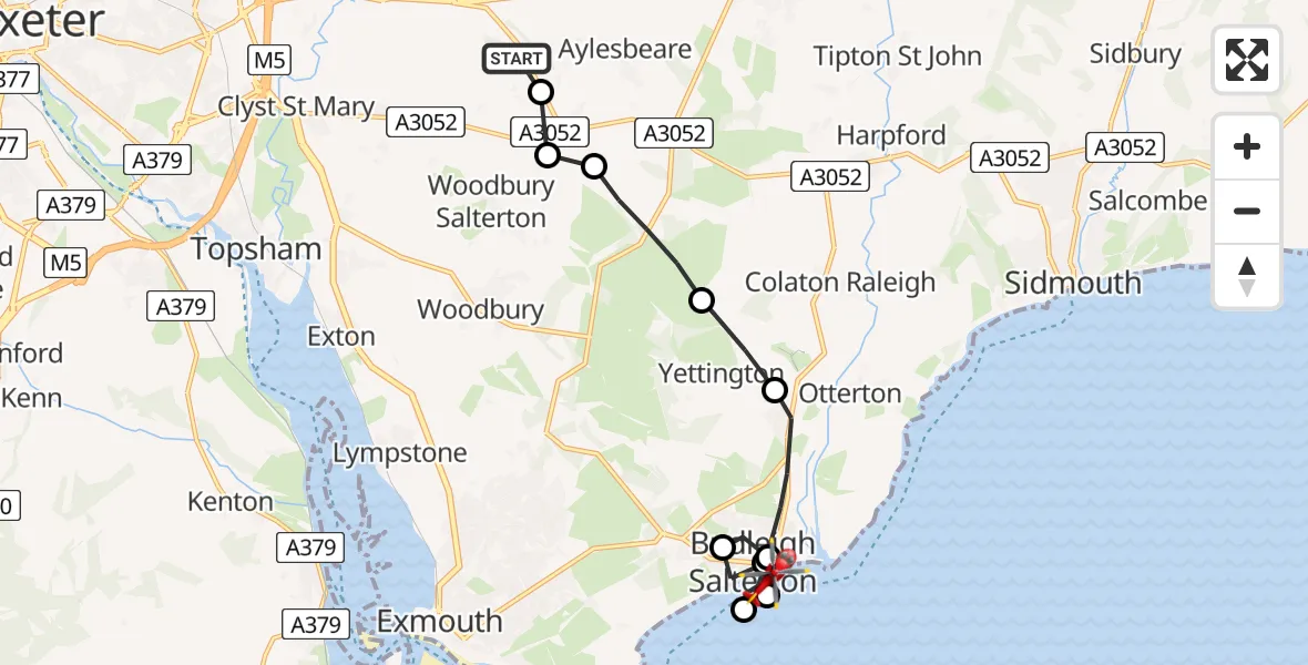 Flight path map showing Air Ambulance Helicopter route from East Devon to Budleigh Salterton