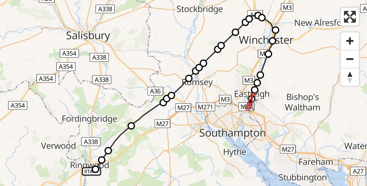 Flight path map showing Air Ambulance Helicopter route from Ringwood to Southampton Airport
