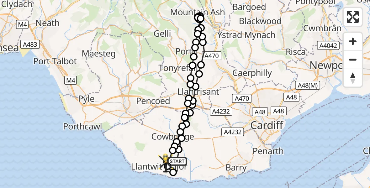 Flight path map showing Police Helicopter route from St Mary Church to Boverton
