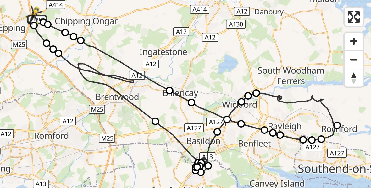 Flight path map showing Police Helicopter route from North Weald Airfield to Coopersale