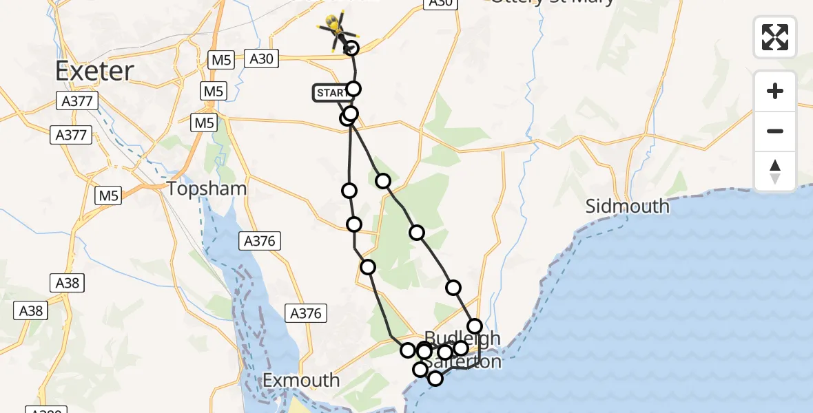 Flight path map showing Police Helicopter route from East Devon to Rockbeare