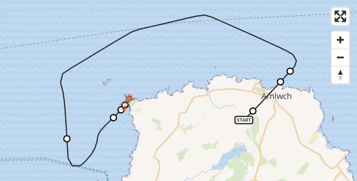 Flight path map showing Coastguard Helicopter route from Rhosybol to Llanfaethlu