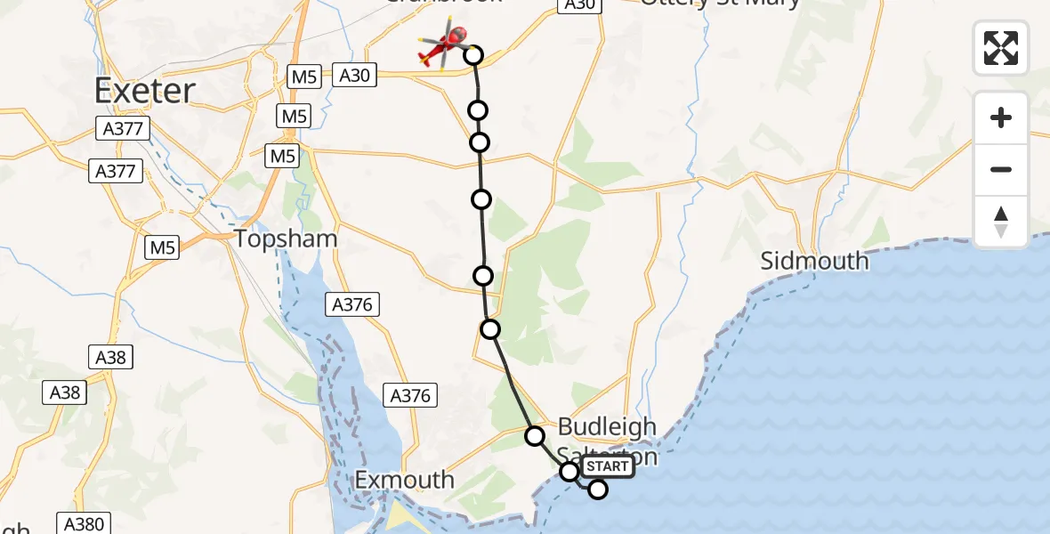 Flight path map showing Air Ambulance Helicopter route from Budleigh Salterton to Exeter International Airport