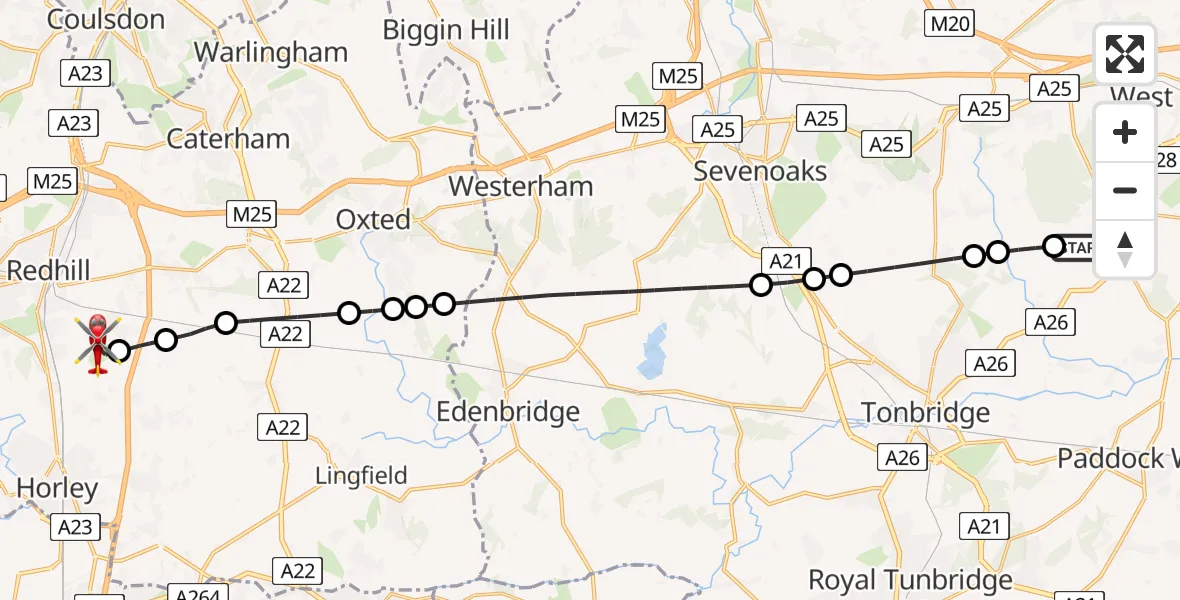 Flight path map showing Air Ambulance Helicopter route from West Peckham to Redhill Aerodrome