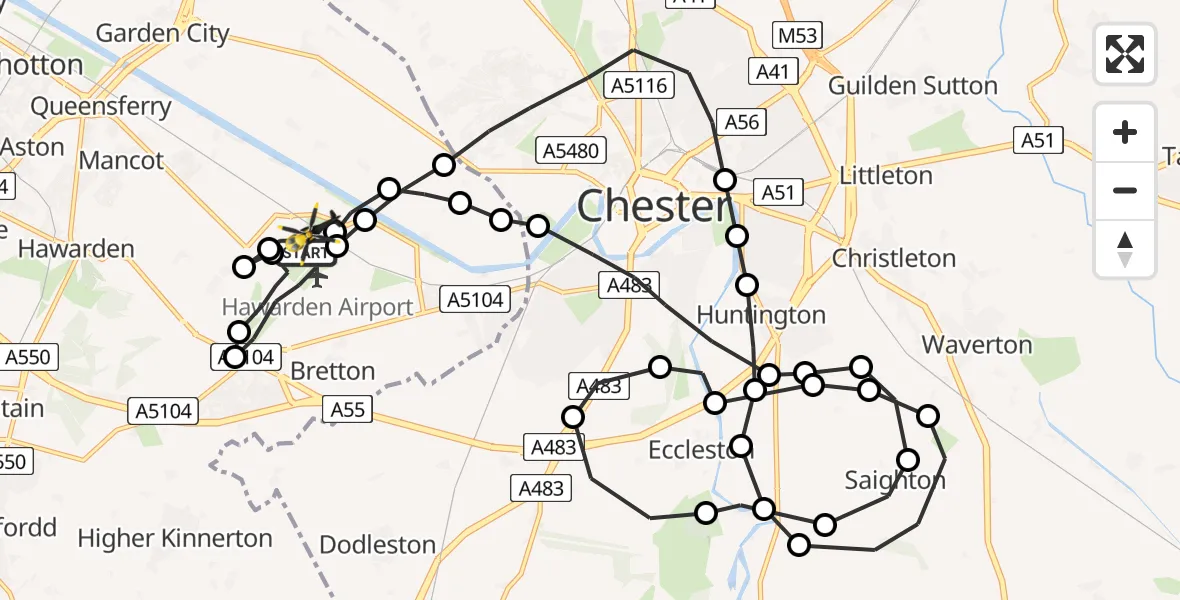 Flight path map showing Police Helicopter route from Hawarden Airport to Hawarden Airport