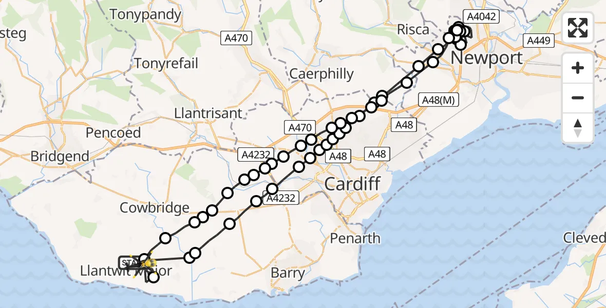 Flight path map showing Police Helicopter route from Llantwit Major to Boverton