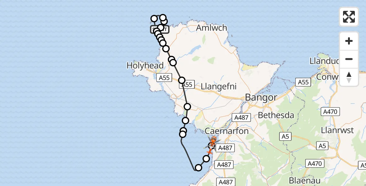 Flight path map showing Coastguard Helicopter route from Llanfaethlu to Caernarfon Airport