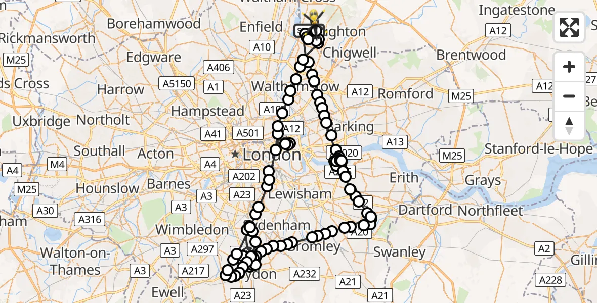 Flight path map showing Police Helicopter route from Chingford to Metropolitan Police Air Support Unit Lippitts Hill