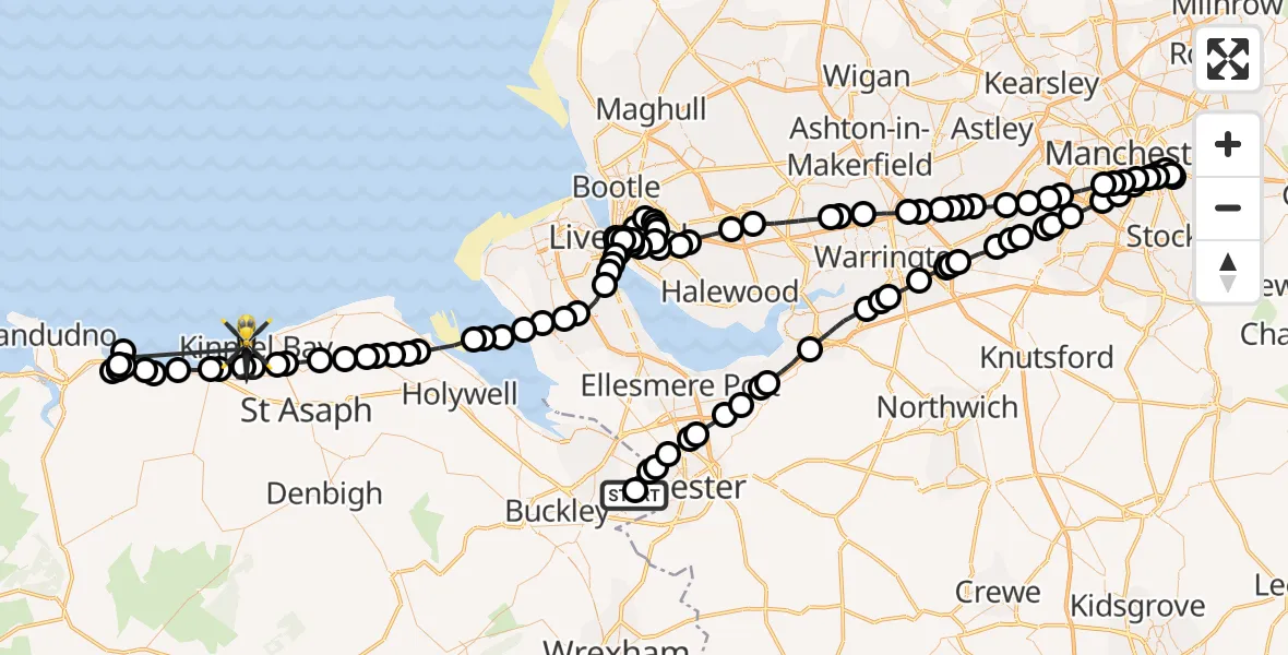 Flight path map showing Police Helicopter route from Hawarden Airport to Kinmel Bay