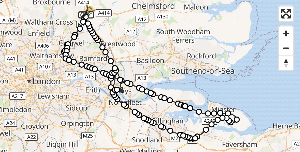 Flight path map showing Police Helicopter route from North Weald Airfield to North Weald Airfield