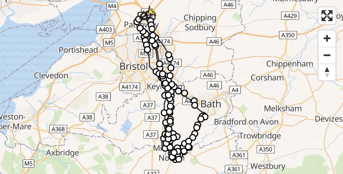 Flight path map showing Police Helicopter route from Almondsbury Helicopter Base to Almondsbury Helicopter Base