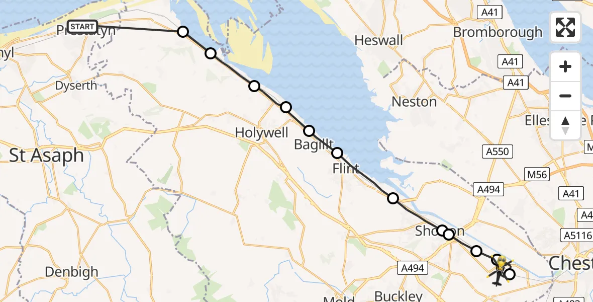 Flight path map showing Police Helicopter route from Prestatyn to Hawarden Airport