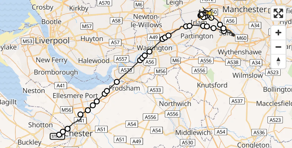 Flight route Police Helicopter Hawarden Airport - Manchester Barton Aerodrome, 03 May 2026, 23:22