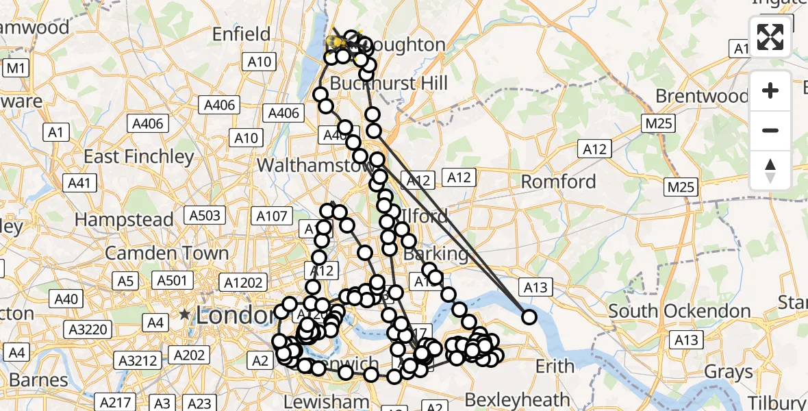 Flight path map showing Police Helicopter route from Sewardstonebury to Chingford