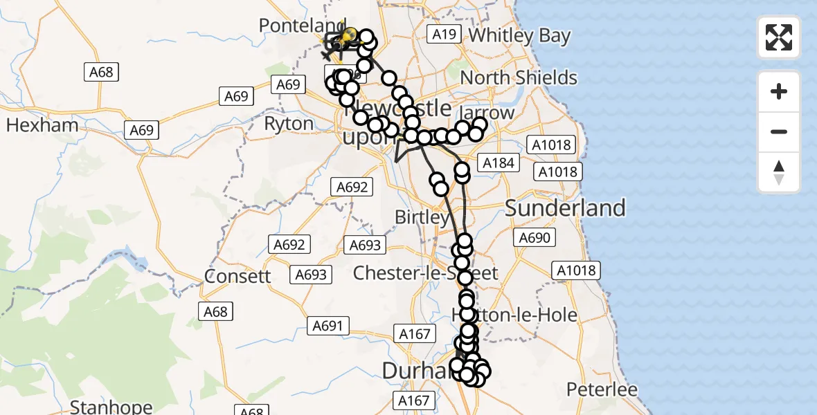 Flight path map showing Police Helicopter route from Newcastle International Airport to Newcastle International Airport